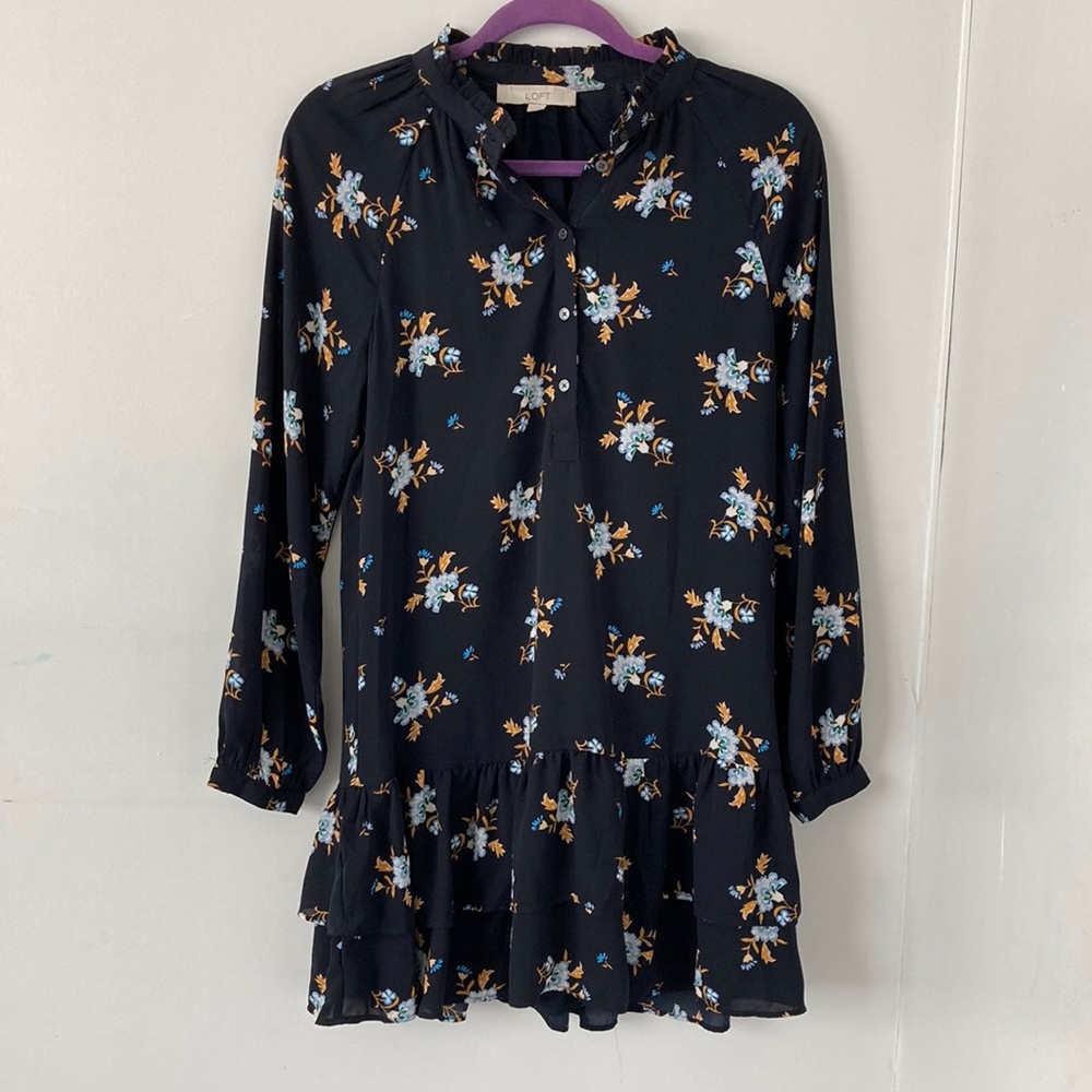 Loft Floral Print Shift Ruffle Dress